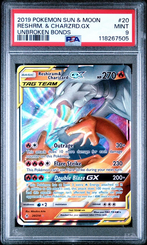 2019 POKEMON SUN & MOON UNBROKEN BONDS #20 RESHIRAM & CHARIZARD GX PSA 9