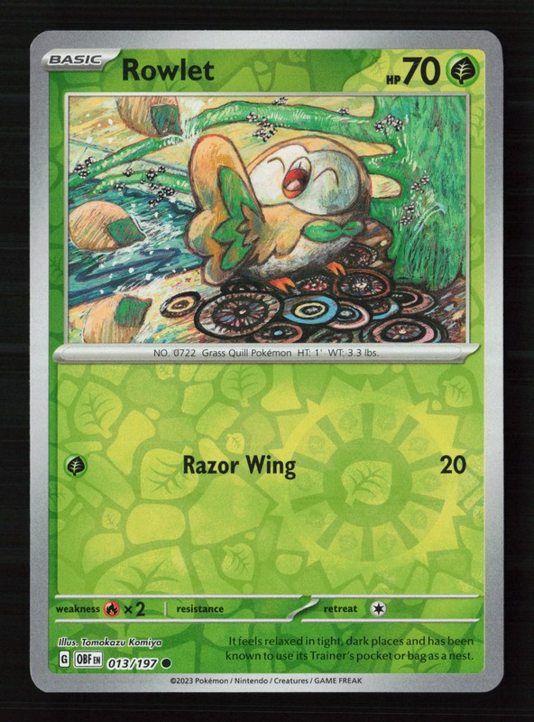 Rowlet 013/197 Tomokazu Komiya Reverse Holo Pokemon TCG SV03: Obsidian Flames NM