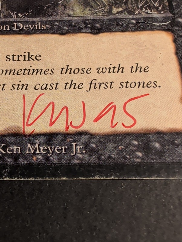 MTG MAGIC THE GATHERING STONE-THROWING DEVS SIGNED ARABIAN NIGHTS HP RARE CARD gallery