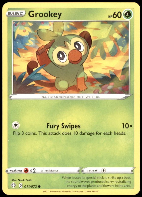 Grookey Regular 011/072 SHF Shining Fates Pokemon Card NM