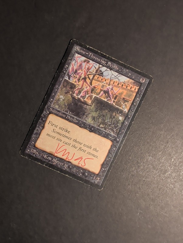 MTG MAGIC THE GATHERING STONE-THROWING DEVS SIGNED ARABIAN NIGHTS HP RARE CARD gallery