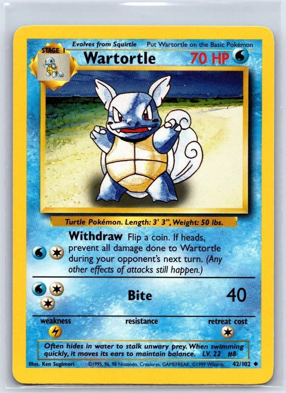 Wartortle 42/102 Uncommon Base Set Unlimited Pokemon NM/M 610-1