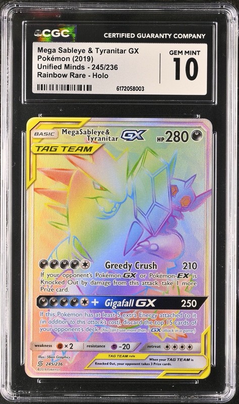 POKEMON MEGA SABLEYE AND TYRANITAR GX RAINBOW HOLO SM UNIFIED MINDS CGC 10