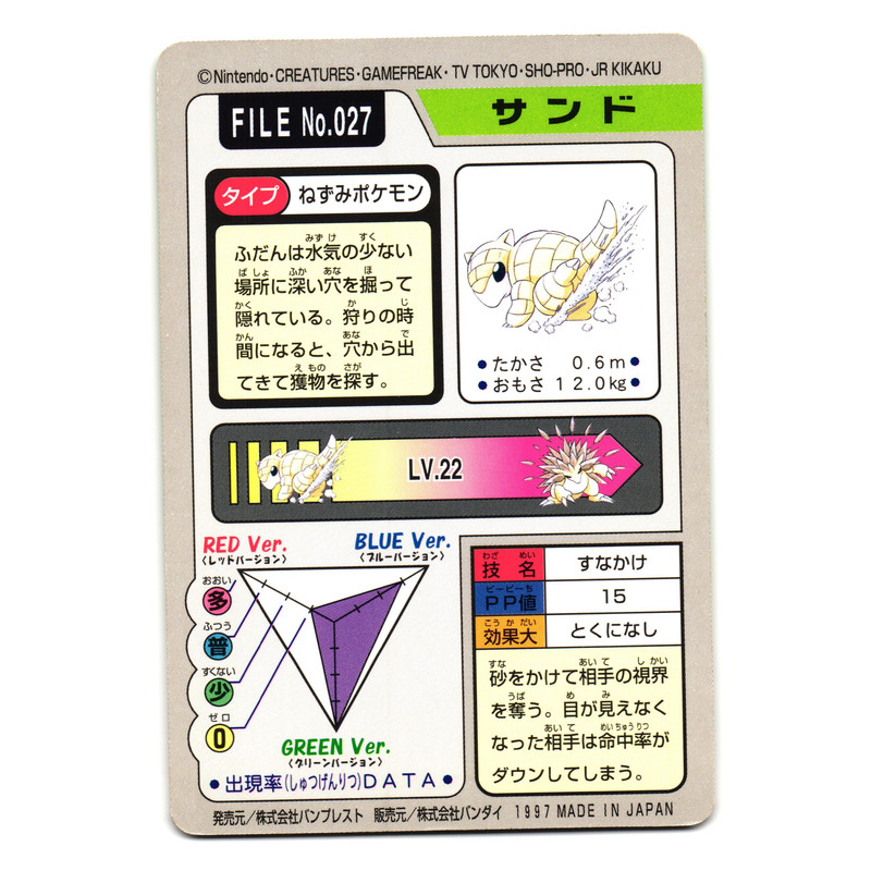 SANDSHREW NO. 027 BANDAI CARDDASS JAPANESE POKEMON TCG gallery