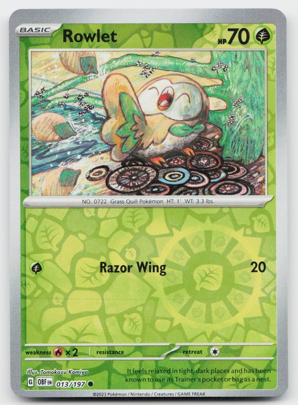 Rowlet 013/197 Common Obsidian Flames Pokemon Reverse Holo Near Mint