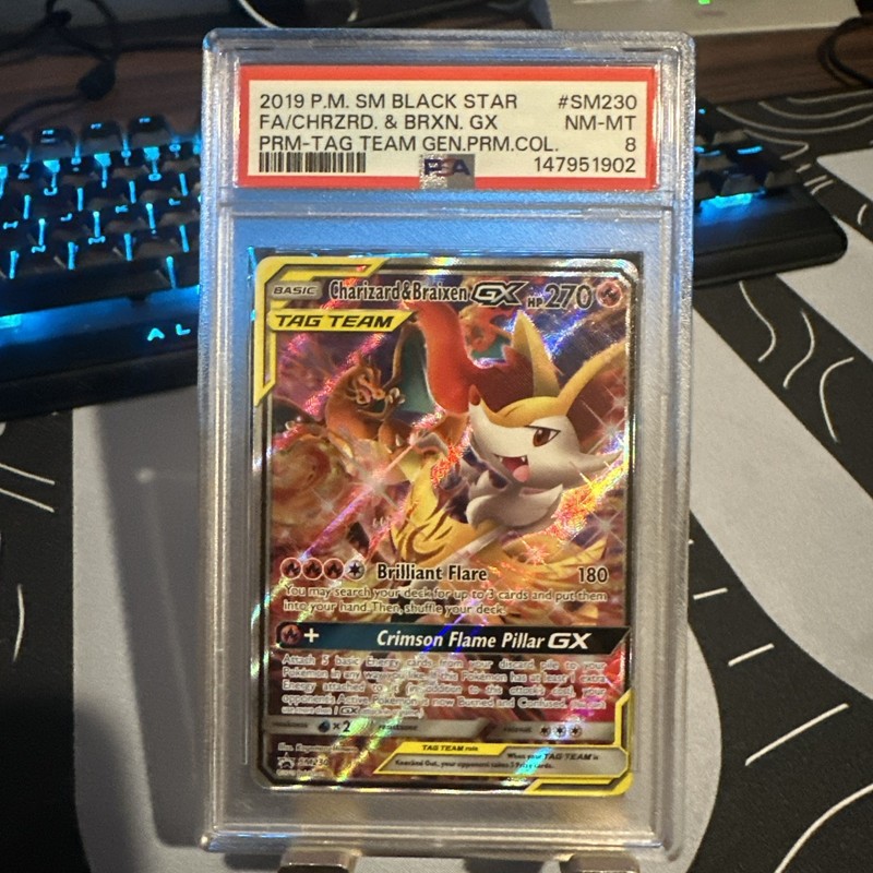 CHARIZARD & BRAIXEN GX 2019 Pokemon #SM230 PSA 8 NM-MINT Tag Team FULL ART