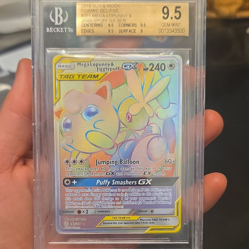 Pokémon Mega Lopunny & Jigglypuff GX Rainbow Rare 261/236 Cosmic Eclipse BGS 9.5