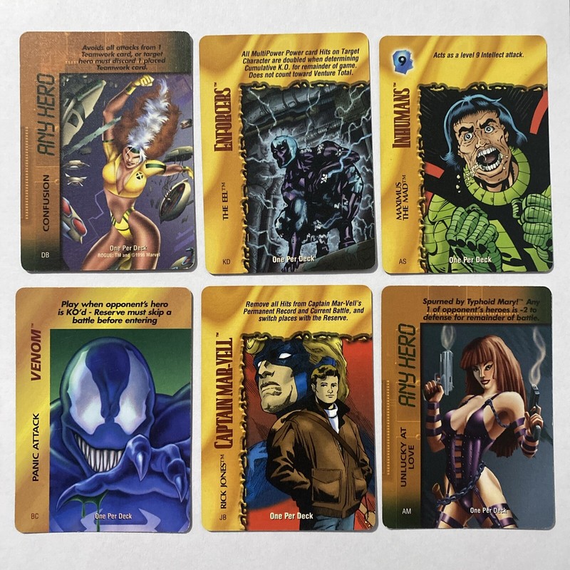 (6) 1995 MARVEL OVERPOWER COLLECTABLE CARD GAME “ONE PER DECK” NO DOUBLES