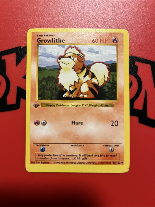Growlithe 28/102 – Error Shadowless 1st Edition Printed On The Back Miscut
