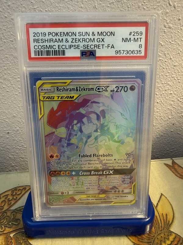 Pokemon Cosmic Eclipse Reshiram & Zekrom GX 259/236 Secret Rainbow PSA NM-MT 8