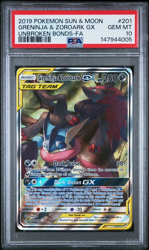 Greninja & Zoroark GX 201/214 Alternate Art Unbroken Bonds Tag Team PSA 10 GEM