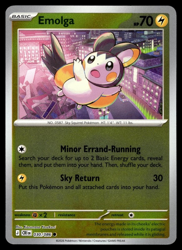 Emolga 030/086 Common ME04: Chaos Rising Pokemon Reverse Holo Near Mint
