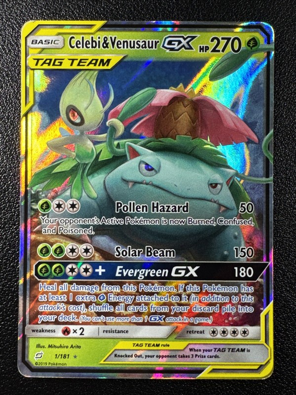 Pokemon Celebi & Venusaur GX Tag Team Ultra Rare Full Art Holo 1/181 Team Up